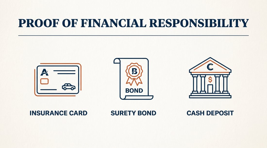 Diagram of the three forms of proof of financial responsibility in California: an insurance card, a surety bond and a cash deposit